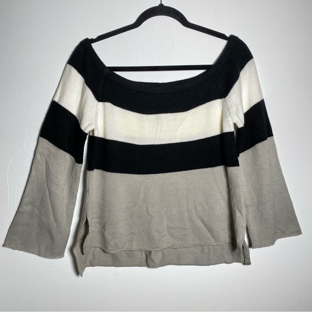 Colorblock square neck Black Cream Gray Knit Sweater 3/4 Sleeve M Careerwear